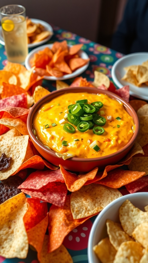 A delicious bowl of cheesy nacho dip with tortilla chips on a festive table, garnished with jalapeños and green onions.
